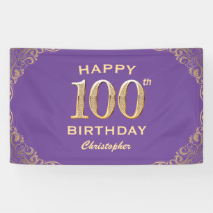 100th Birthday Party Purple and Gold Glitter Frame Banner