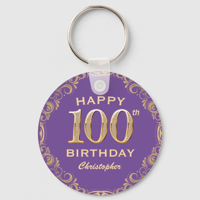 100th Birthday Party Purple and Gold Glitter Frame Key Ring (Front)