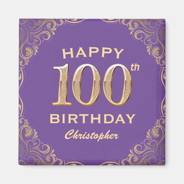 100th Birthday Party Purple and Gold Glitter Frame Magnet (Front)