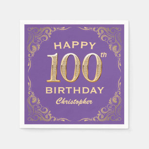 100th Birthday Party Purple and Gold Glitter Frame Napkin