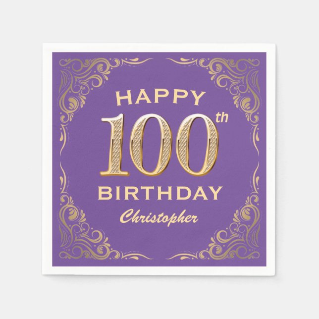 100th Birthday Party Purple and Gold Glitter Frame Napkin (Front)