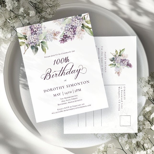 100th Birthday Party Purple Spring Lilac Flower Invitation Postcard (Creator Uploaded)