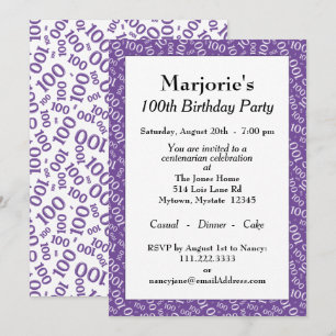 100th Birthday Party Purple/White Number Pattern Invitation
