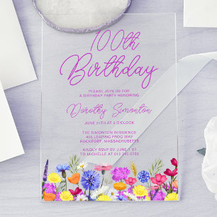 100th Birthday Party Purple Wildflower Acrylic Invitations