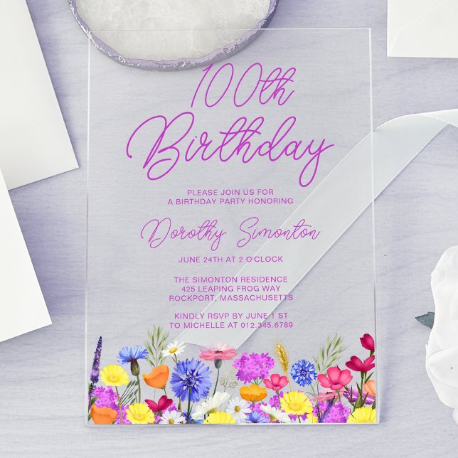 100th Birthday Party Purple Wildflower Acrylic Invitations (Creator Uploaded)
