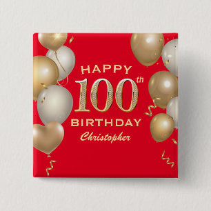100th Birthday Party Red and Gold Balloons 15 Cm Square Badge
