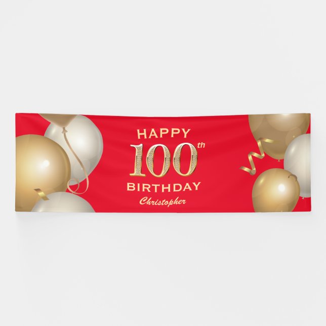 100th Birthday Party Red and Gold Balloons Banner (Horizontal)