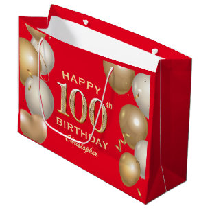 100th Birthday Party Red and Gold Balloons Large Gift Bag
