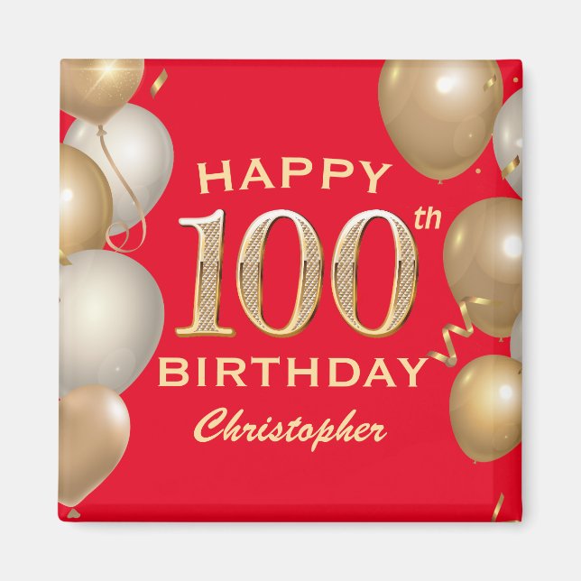 100th Birthday Party Red and Gold Balloons Magnet (Front)