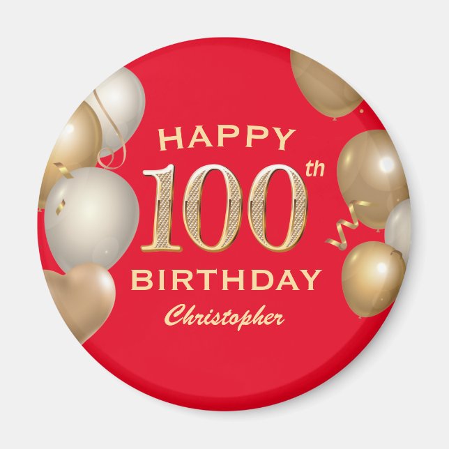 100th Birthday Party Red and Gold Balloons Magnet (Front)