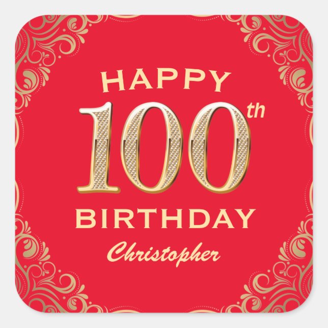 100th Birthday Party Red and Gold Glitter Frame Square Sticker (Front)