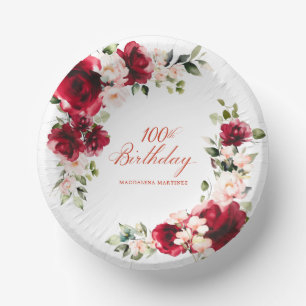 100th Birthday Party Red Pink Floral Custom Paper Plate