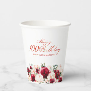 100th Birthday Party Red Rose Pink Peony Custom Paper Cups