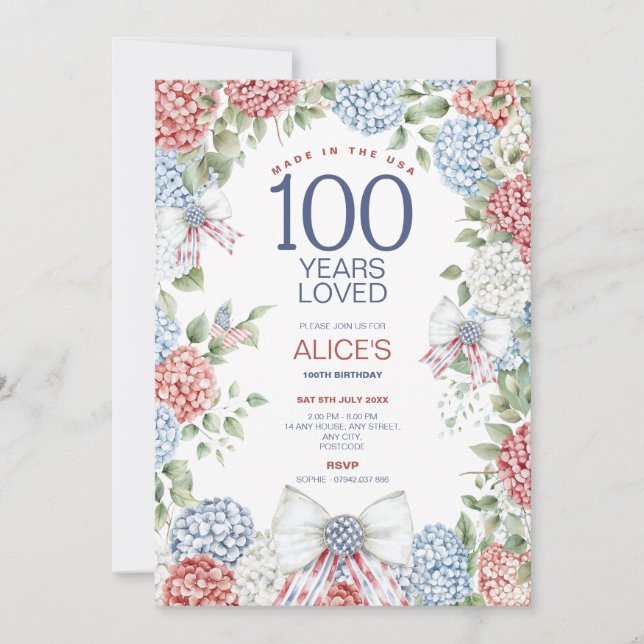 100th Birthday Party, Red White & Blue, 4th July Invitation (Front)