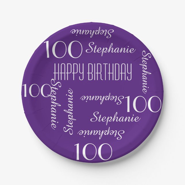 100th Birthday Party Repeating Name Purple Paper Plate (Front)