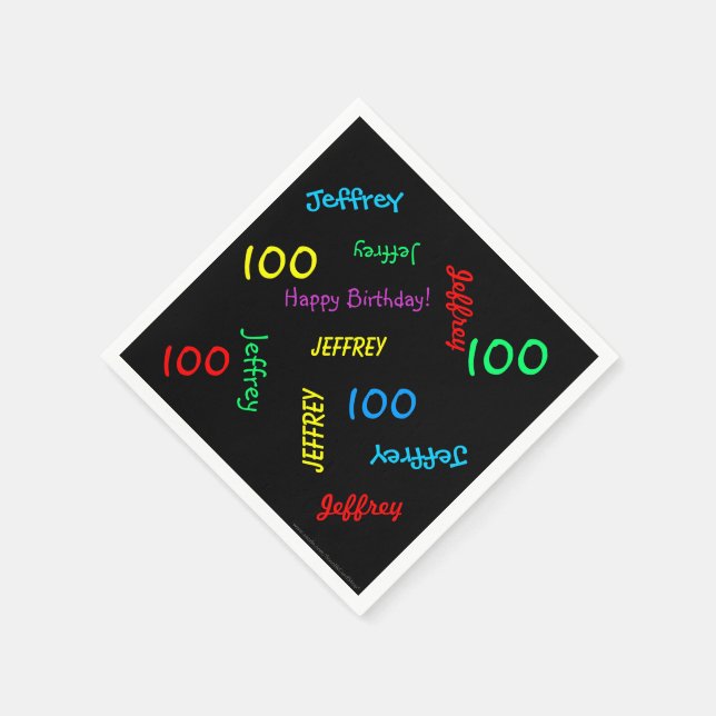 100th Birthday Party Repeating Names Black Paper Napkin (Corner)