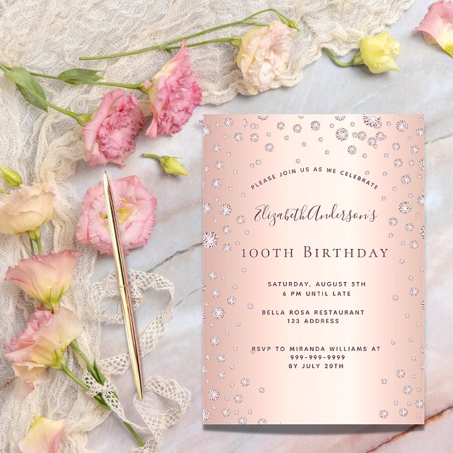 100th birthday party rose gold diamond sprinkle invitation (Creator Uploaded)