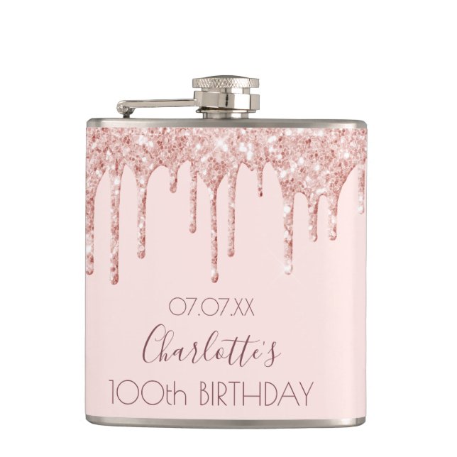 100th birthday party rose gold glitter drips pink hip flask (Front)