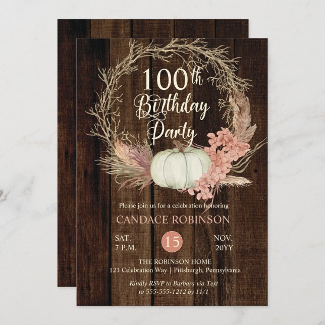 100th Birthday Party -Rustic Pumpkin Pampas Wreath Invitation (Front/Back)