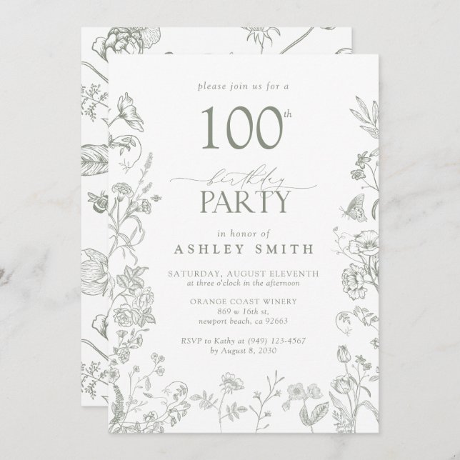 100th Birthday Party Sage Green Victorian Floral Invitation (Front/Back)