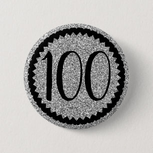 100th Birthday Party Silver Glitter 6 Cm Round Badge