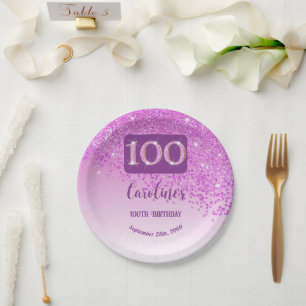 100th Birthday Party Sparkle Pink Glitter Paper Plate