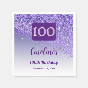 100th Birthday Party Sparkle Purple Glitter Napkin