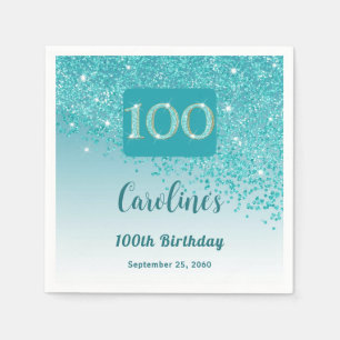 100th Birthday Party Sparkle Teal Blue Glitter Napkin