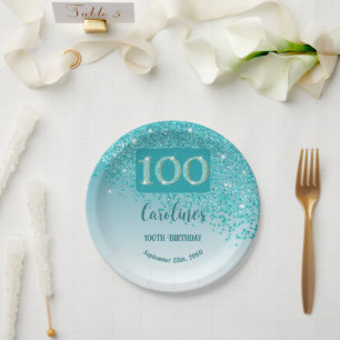 100th Birthday Party Sparkle Teal Blue Glitter Paper Plate