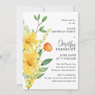 100th Birthday Party Spring Yellow Floral Invitation