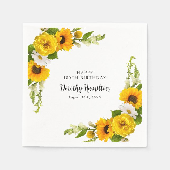 100th Birthday Party Sunflower Daisy Custom Napkin (Front)