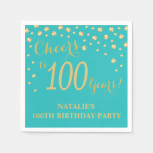 100th Birthday Party Teal and Gold Diamond Napkins