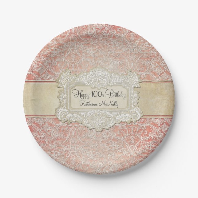 100th Birthday Party Vintage French Regency Lace Paper Plate (Front)