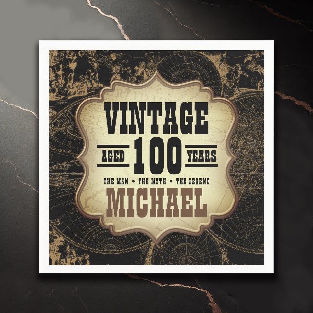 100th Birthday Party Vintage Theme Custom Name Napkin (100th Birthday Party Vintage Themed Custom Name 
  Napkins for Men)