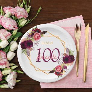 100th birthday party white geo floral burgundy paper plate