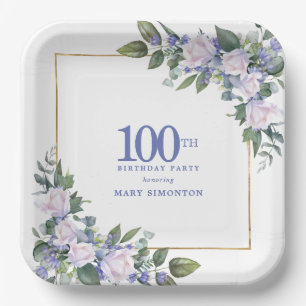 100th Birthday Party White Rose Blue Floral Custom Paper Plate