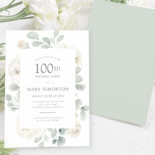 100th Birthday Party White Rose Floral Invitation