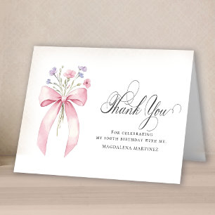 100th Birthday Photo Blush Pink Floral Folded Thank You Card