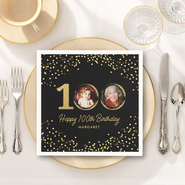 100th Birthday Photo Elegant Black Gold Glitter Napkin (Creator Uploaded)