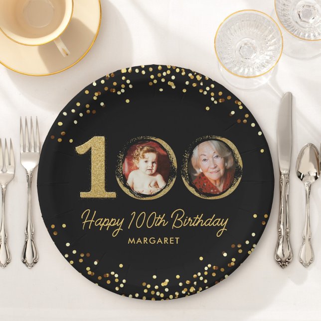 100th Birthday Photo Elegant Black Gold Glitter Paper Plate (Creator Uploaded)