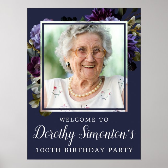 100th Birthday Photo Moody Purple Floral Welcome Poster (Front)