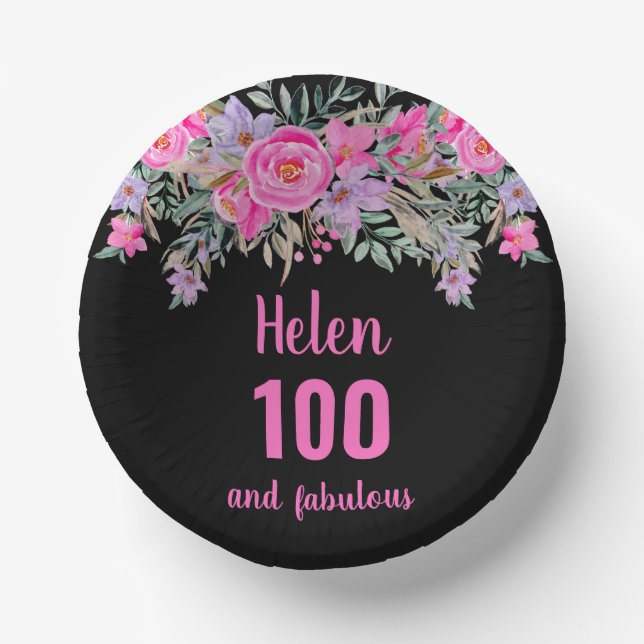 100th birthday pink black watercolor floral  paper plate (Front)
