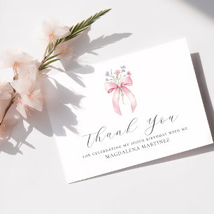 100th Birthday Pink Bow Wildflower Custom Flat Thank You Card
