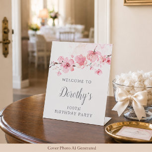 100th Birthday Pink Cherry Blossom Floral Pedestal Sign