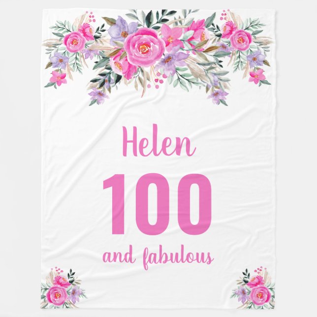 100th birthday pink floral fleece blanket (Front)