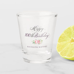 100th Birthday Pink Floral Personalised Shot Glass