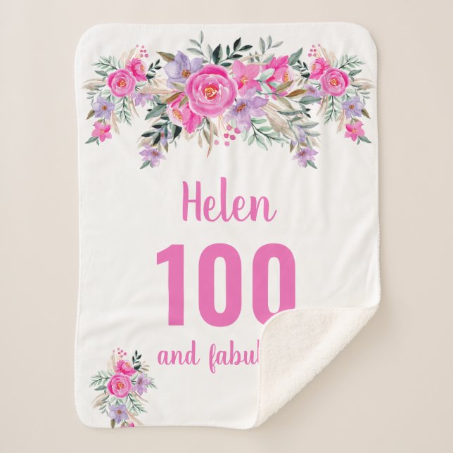 100th birthday pink floral sherpa blanket (Front)