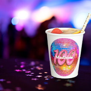 100th Birthday Pink Glitter Groovy 70s Disco Ball Paper Cups