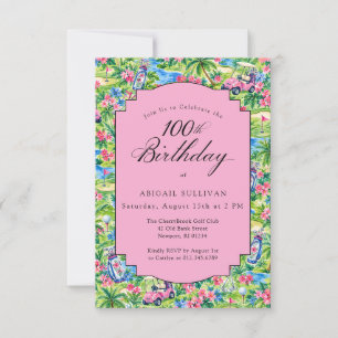 100th Birthday Pink Green Preppy Print Golf Invitation