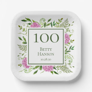 100th Birthday Pink Hydrangeas Paper Plate